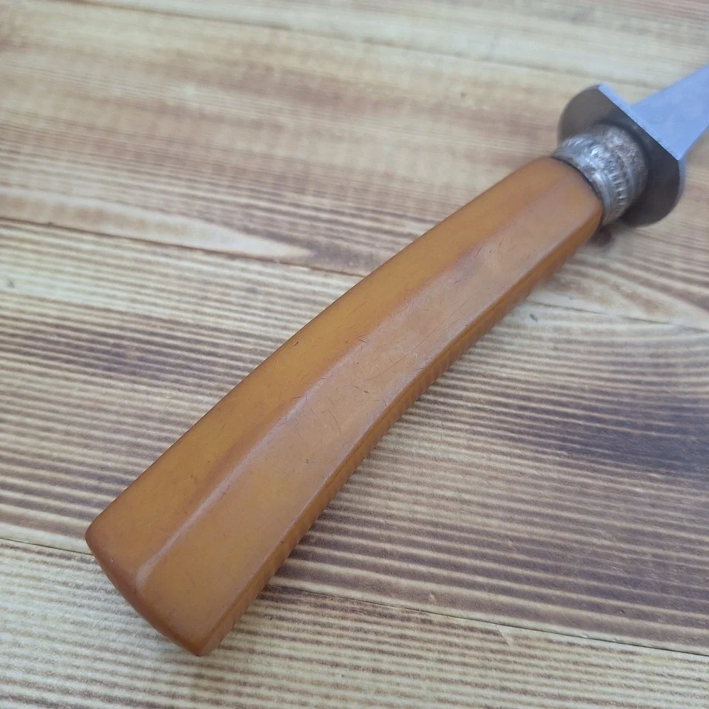 Vintage Bakelite Meat Serving Fork Butterscotch Handle Stainless Steel 11”